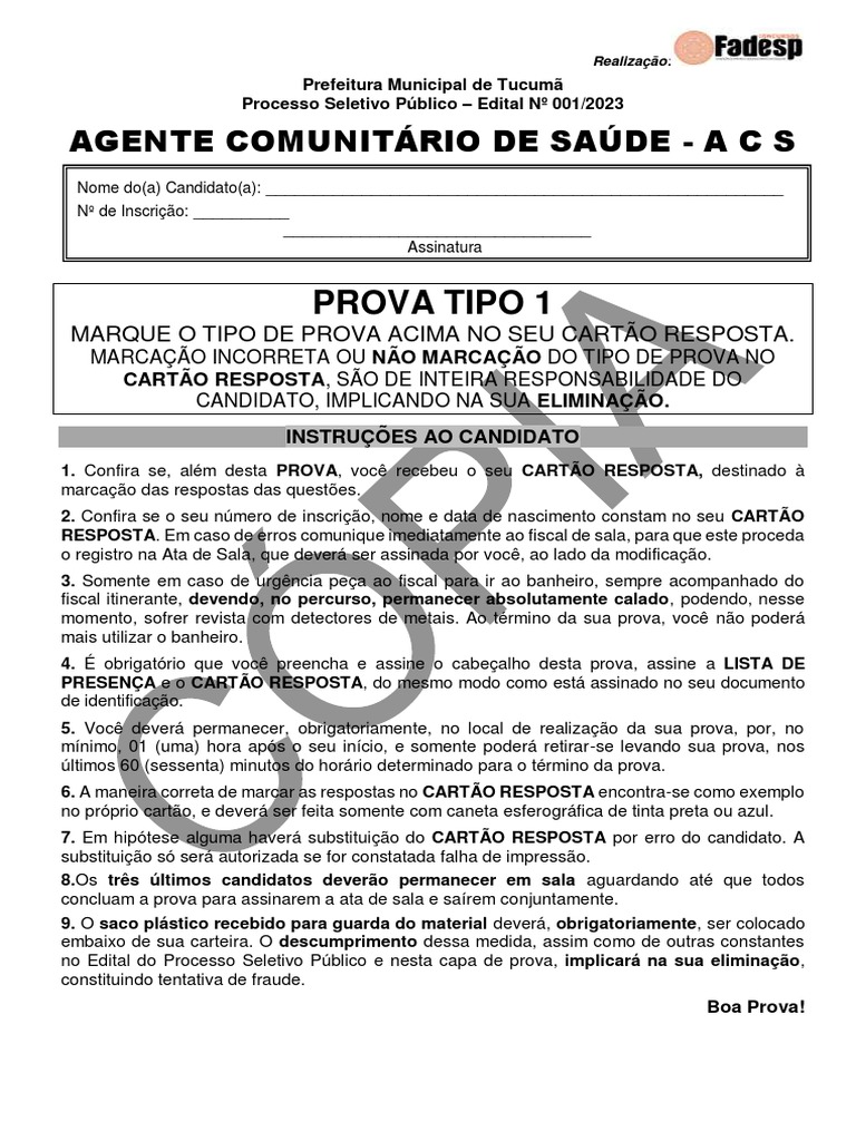 Prova Acs Agente Comunitário de Saúde Tipo 1 - 19-06-2023 R1ih414b2 ...