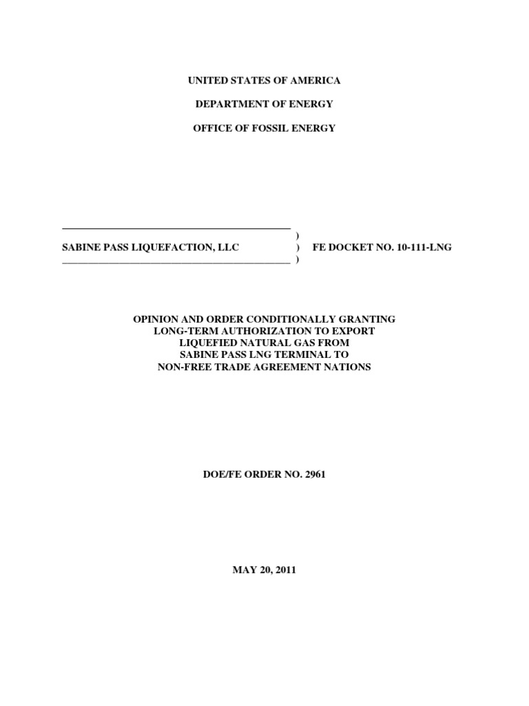 Sabine Pass Approval Order, DOE PDF Natural Gas Liquefied Natural Gas