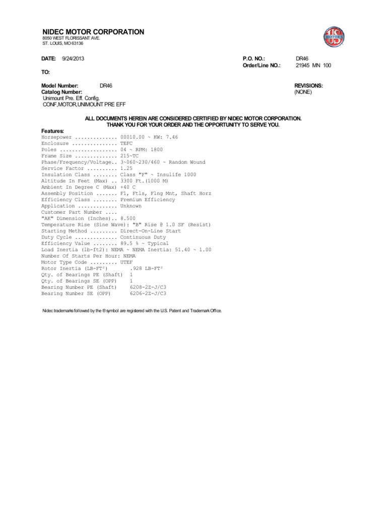 DR46 10HP 4P Utef 215TC | PDF | Electric Motor | Engineering Tolerance