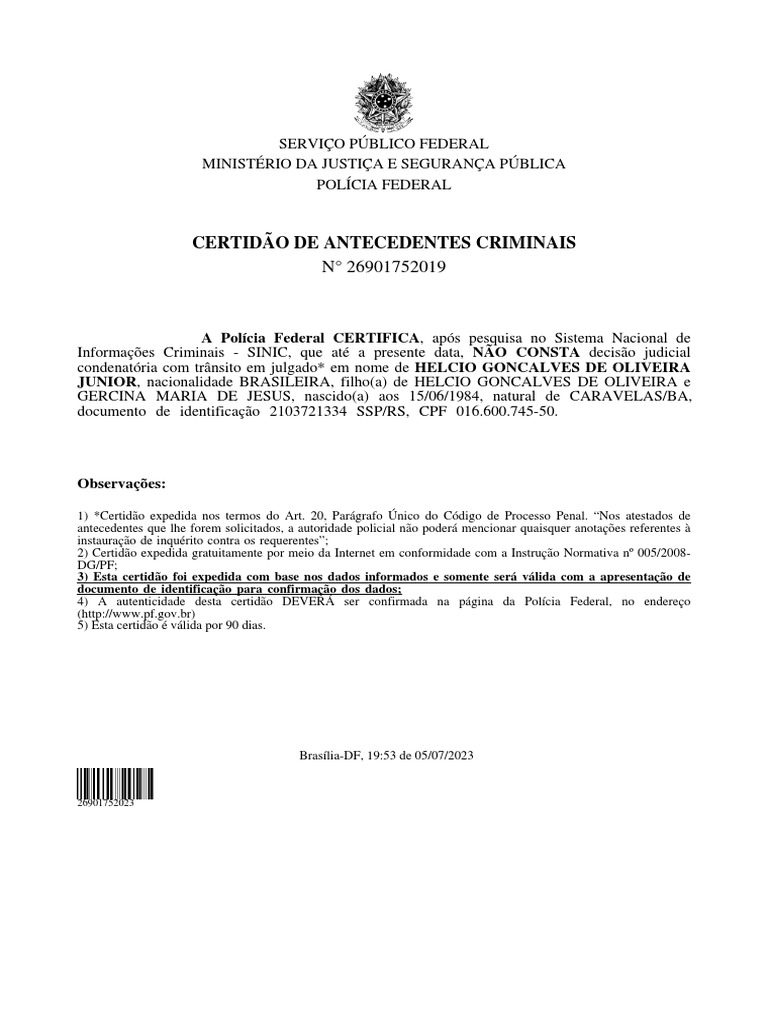 atestado de bons antecedentes | PDF
