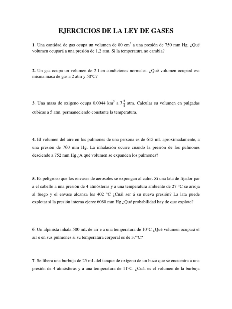 Ejercicios sobre la Ley de Gases | PDF | Gases | Presión