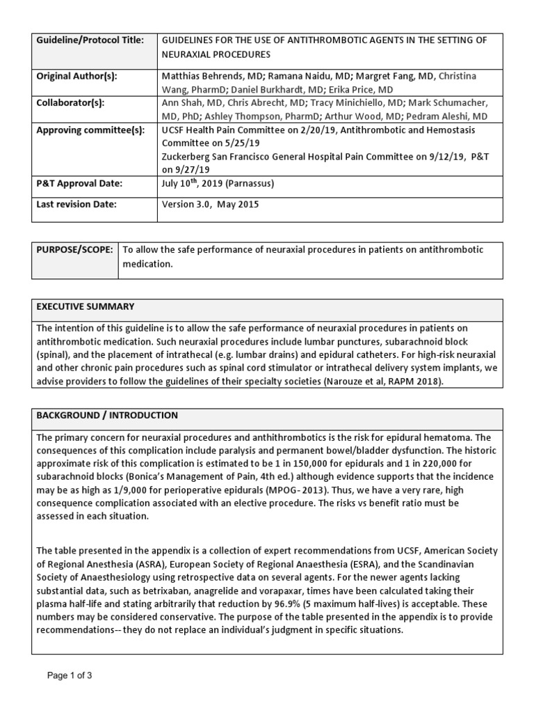 Neuraxial Anticoagulation Guidelines | PDF | Anesthesia | Thrombosis