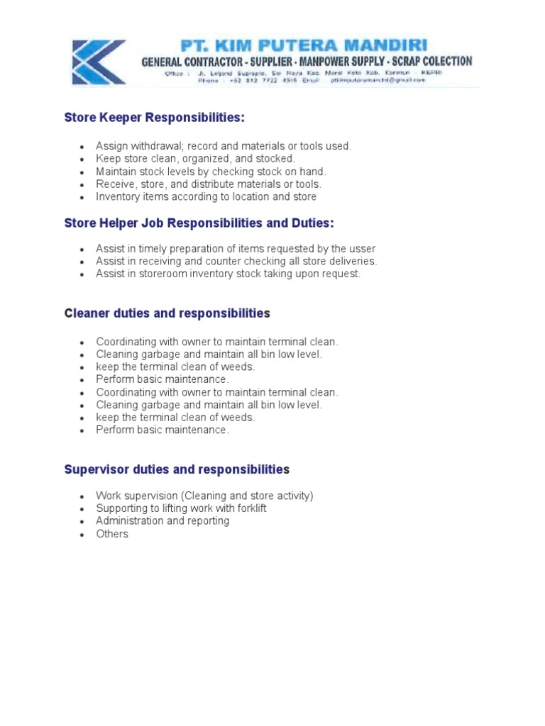 Store Keeper and Helper Job Duties | PDF