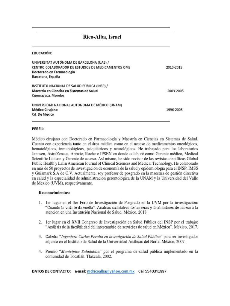 CV Israel Rico-Alba Enero 2023 | PDF | Ciudad de México | Farmacéutico
