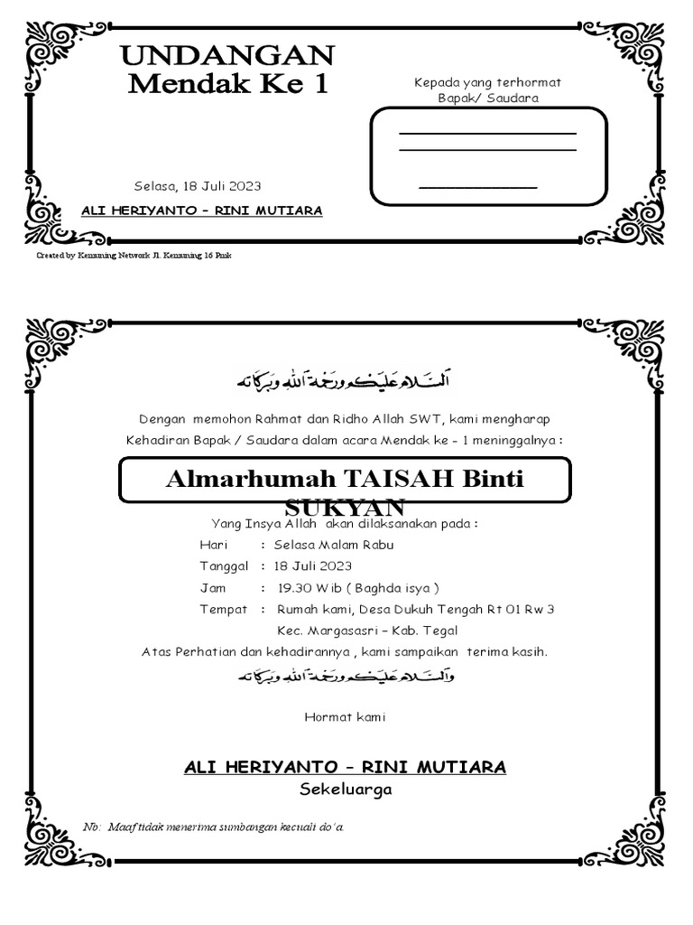 Download Contoh Undangan Tahlil 1000 Hari Microsoft Word | PDF
