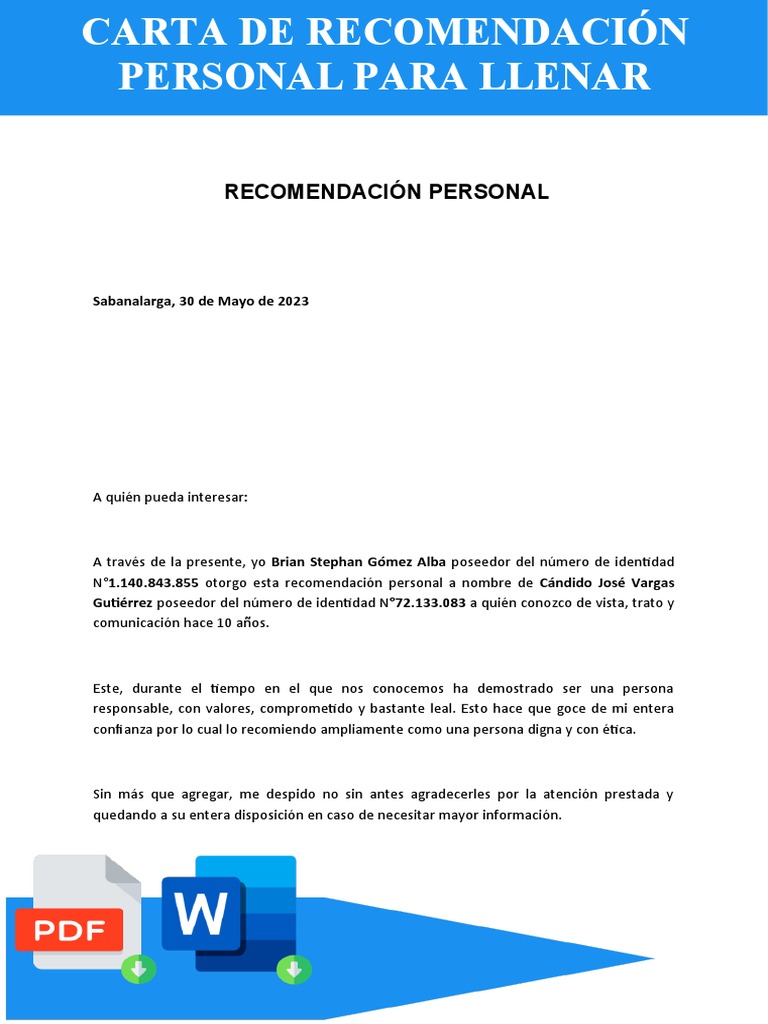 Carta de Recomendación Personal Editable | PDF