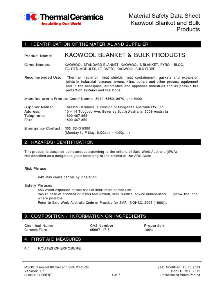 MSDS Kaowool Blanket and Bulk Products PDF Dust Personal
