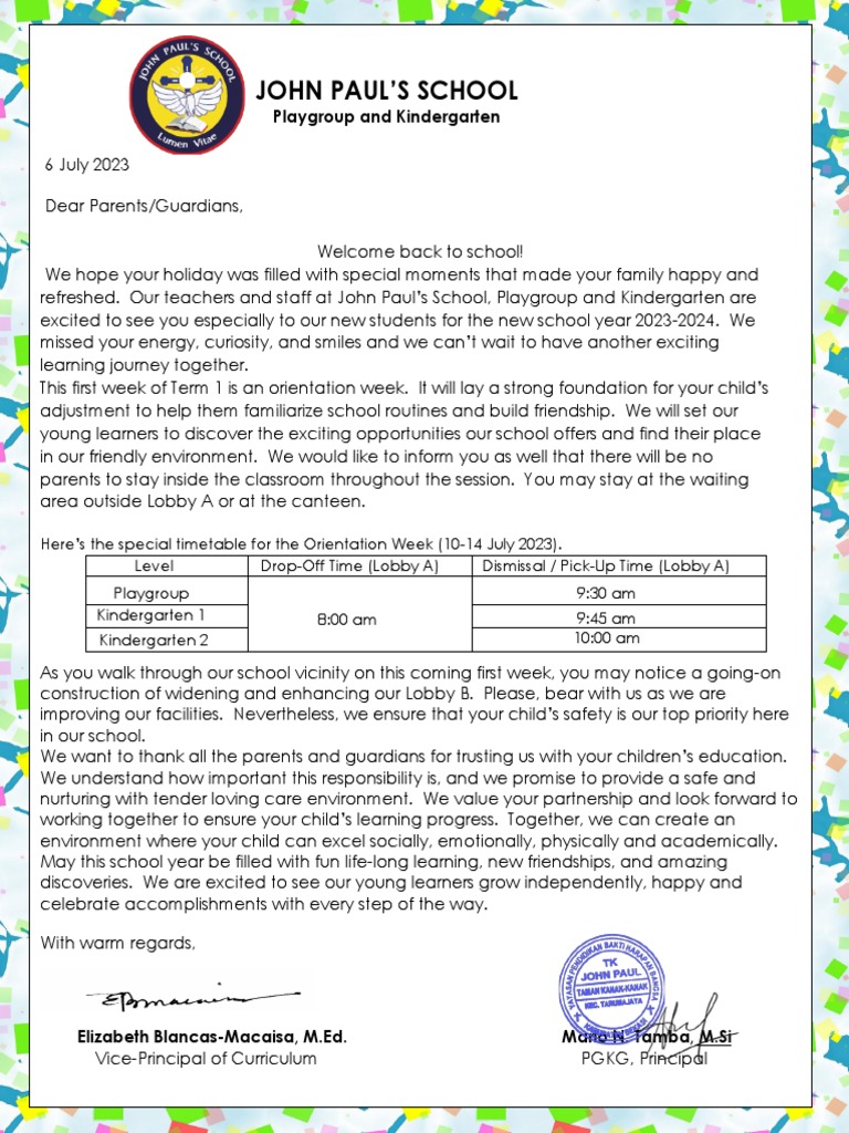 Welcome Back Letter to Parents 2023-2024 | PDF | Kindergarten | Schools