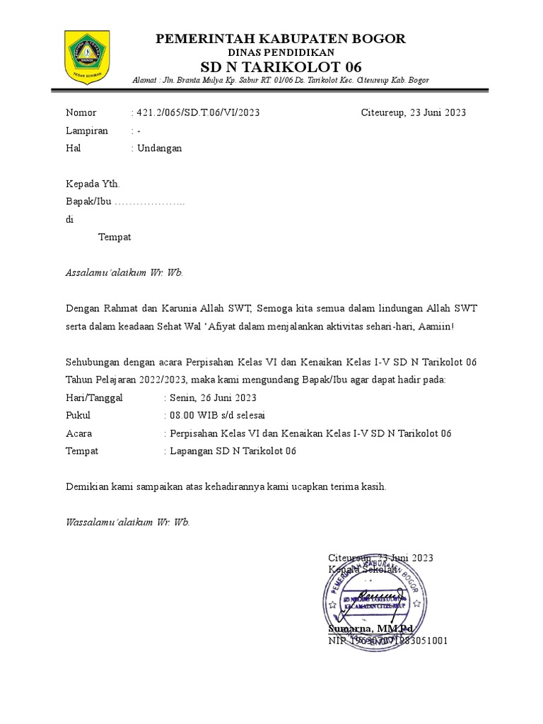 Undangan Perpisahan Kelas VI SD N Tarikolot | PDF