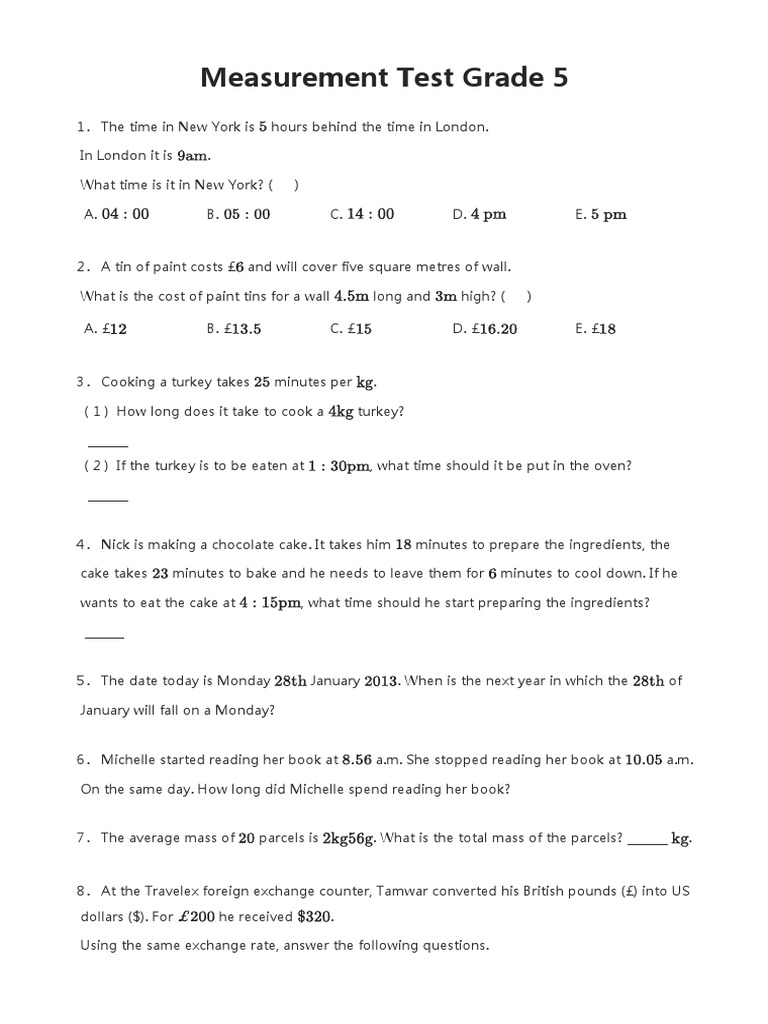 Measurement Test Grade 5 PDF Area Elementary Geometry