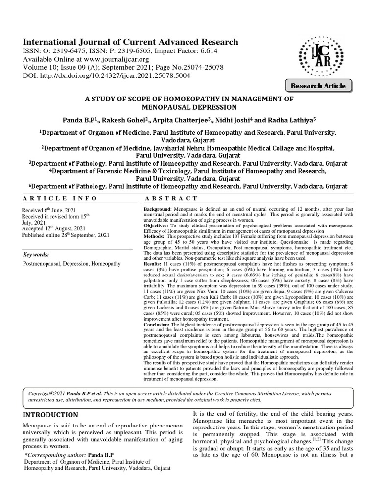 Research Menopause Depression PDF Homeopathy Menopause