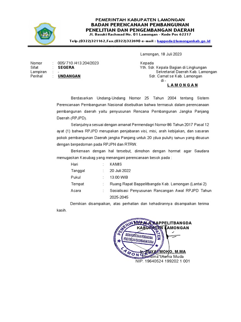 Undangan Sosialisasi RPJPD Lamongan | PDF