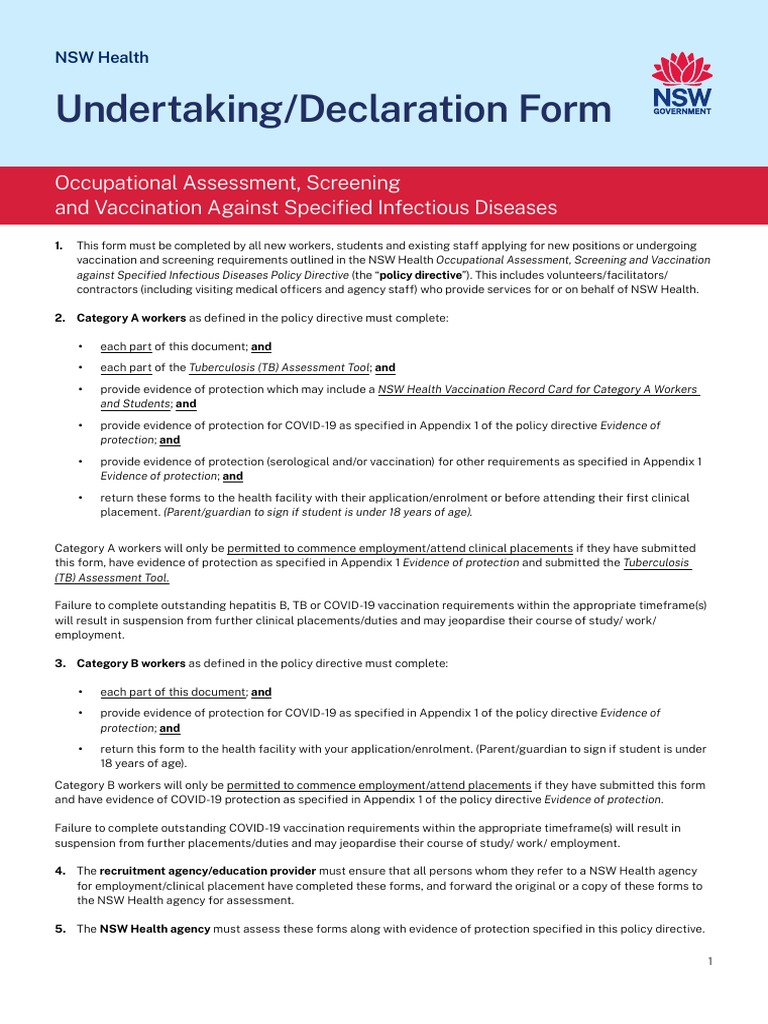 NSW Health Undertaking Declaration Form | PDF | Tuberculosis | Vaccination