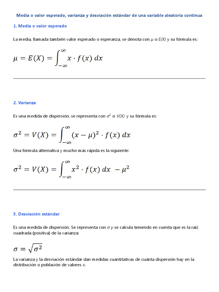 Media o Valor Esperado, Varianza y Desviación Estándar de Una ...