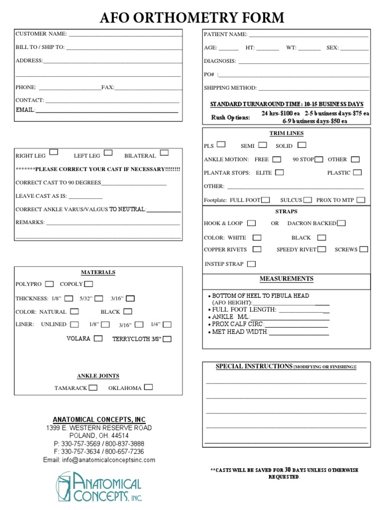 AFO Orthometry Measurement Form | PDF | Ankle | Foot
