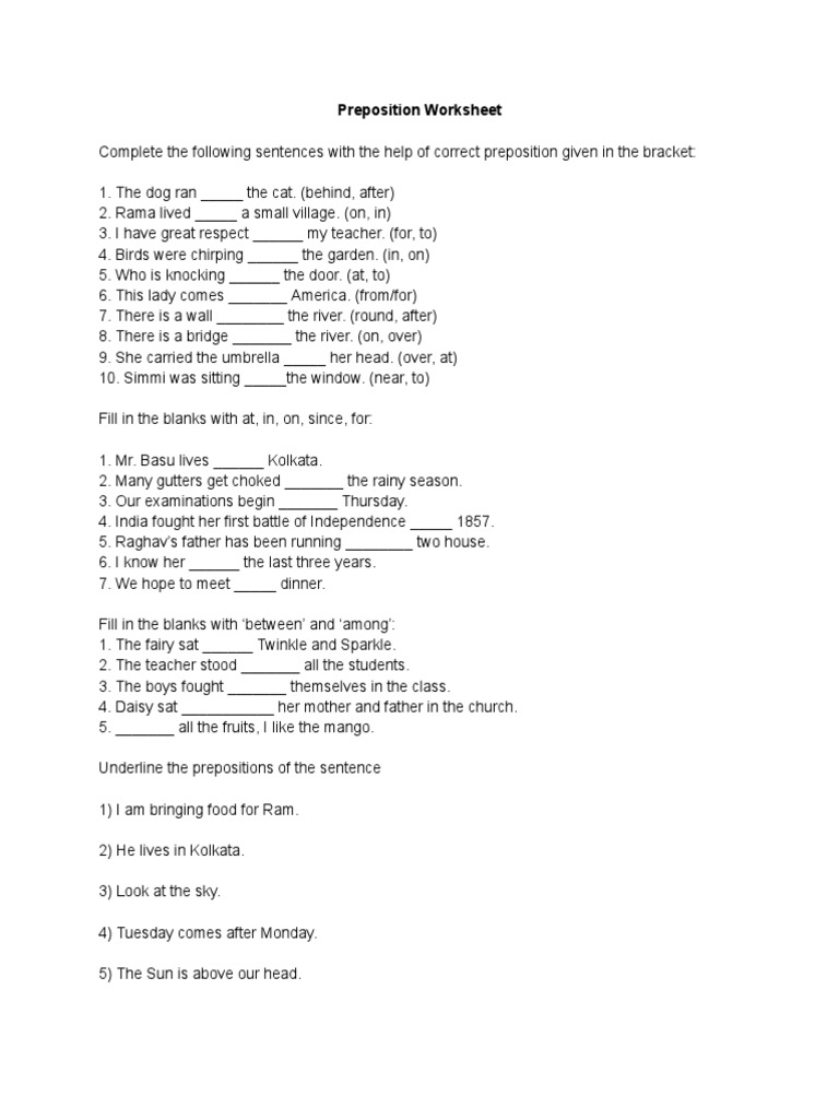 Preposition Worksheet PDF