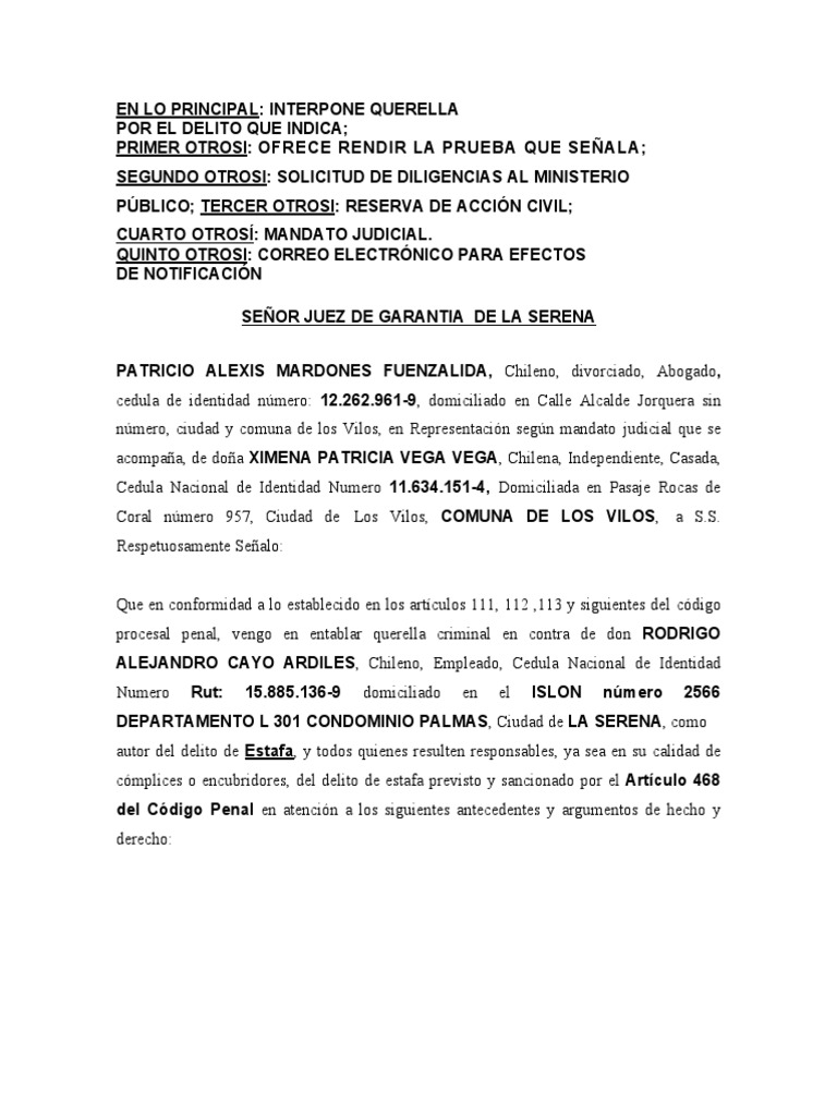 Querella por Estafa en La Serena | PDF | Queja | Derecho penal