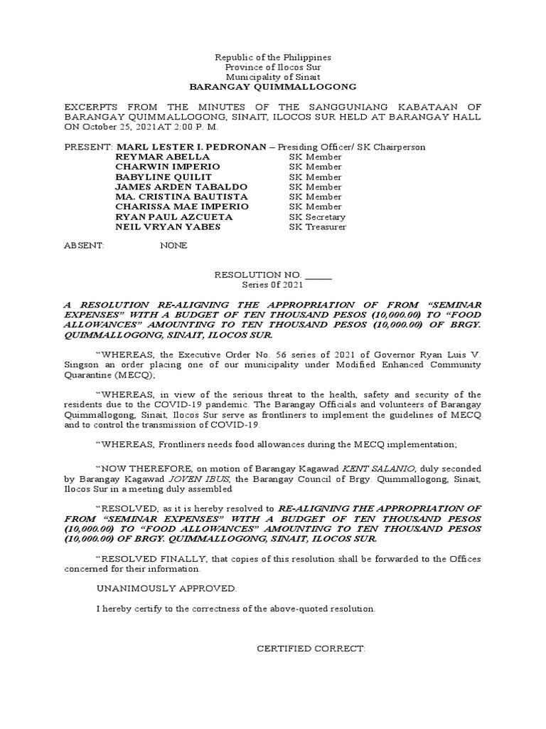 RE-ALLLIGNMENT RESOLUTION-QUIMMALLOGONG SK | PDF | Government