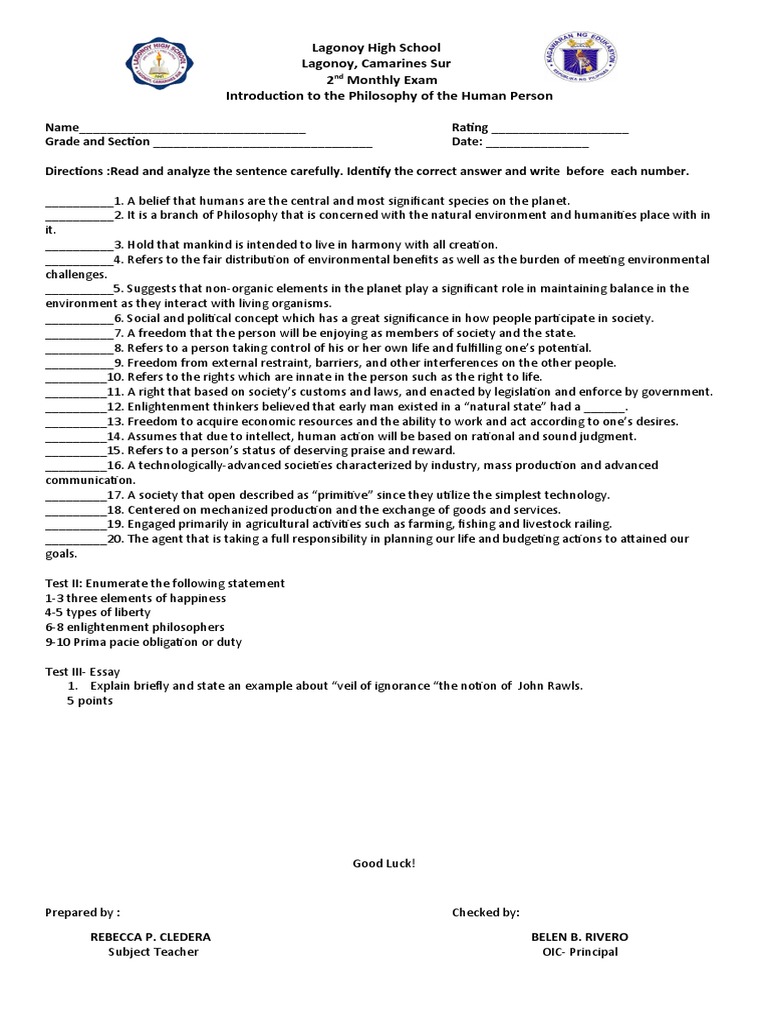 Philo 2nd Monthly Exam 22 PDF Society Human