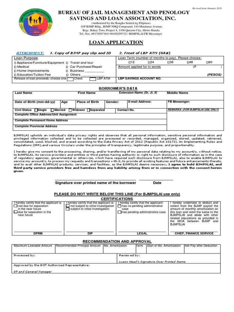 BJMP Loan Application Form | PDF | Loans | Interest