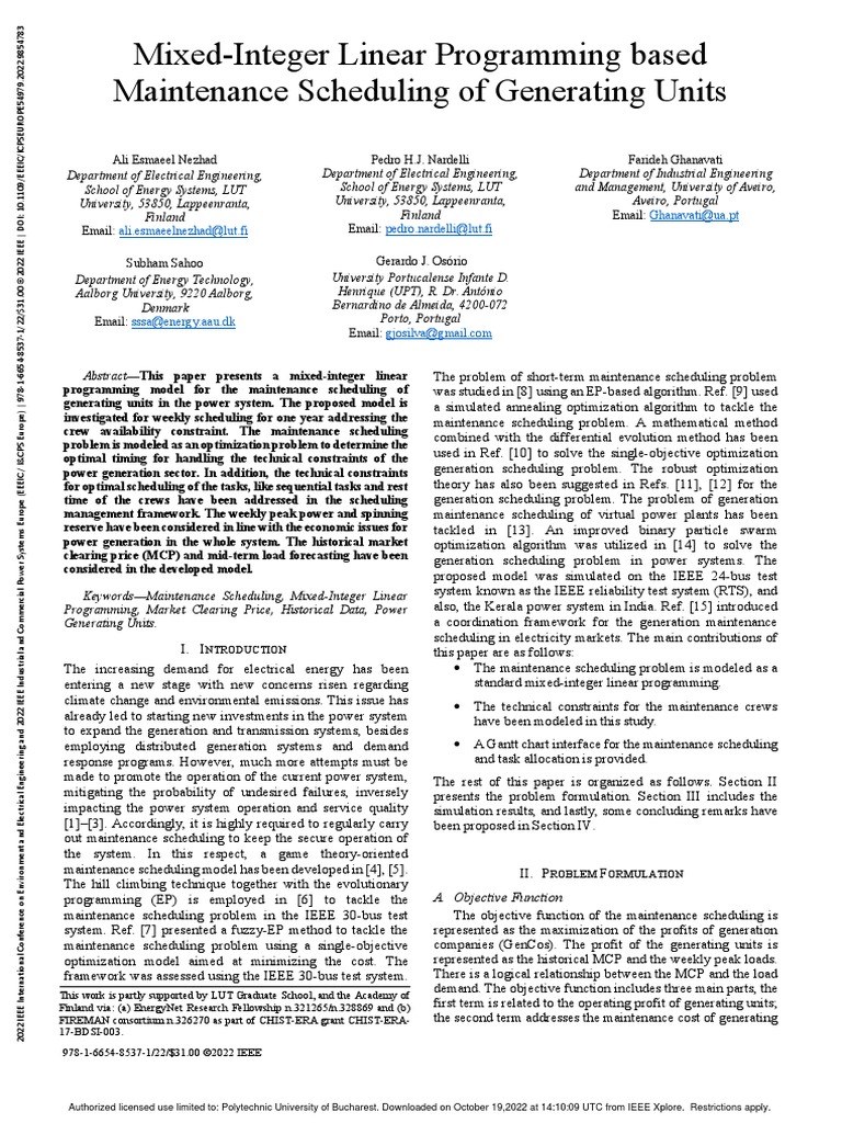 Mixed-Integer Linear Programming Based Maintenance Scheduling of ...