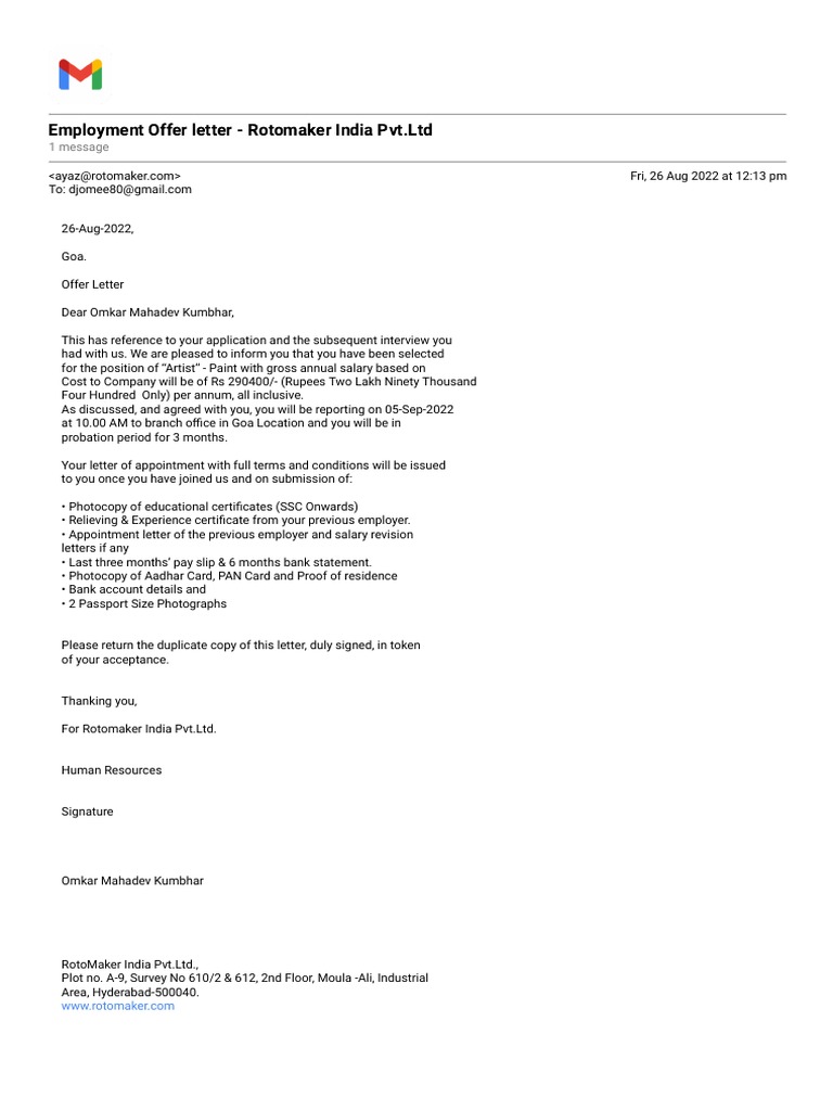 Gmail - Employment Offer Letter - Rotomaker India PVT - LTD | PDF