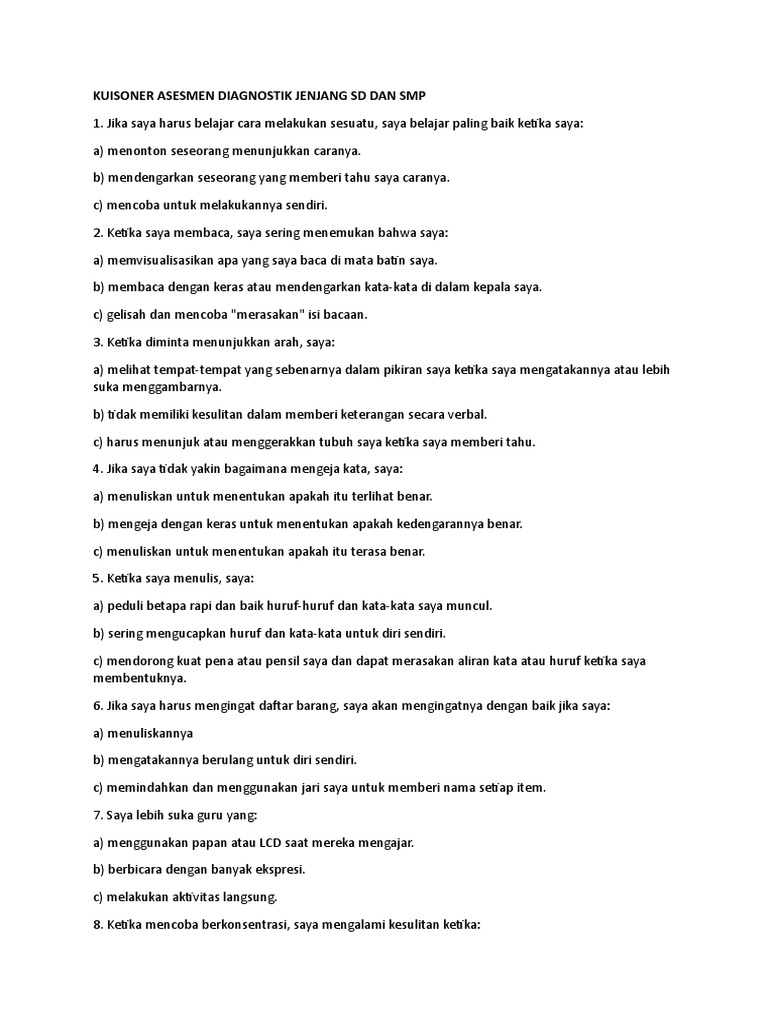Memahami Kuisoner Asesmen Diagnostik | PDF | Seni & Disiplin Bahasa