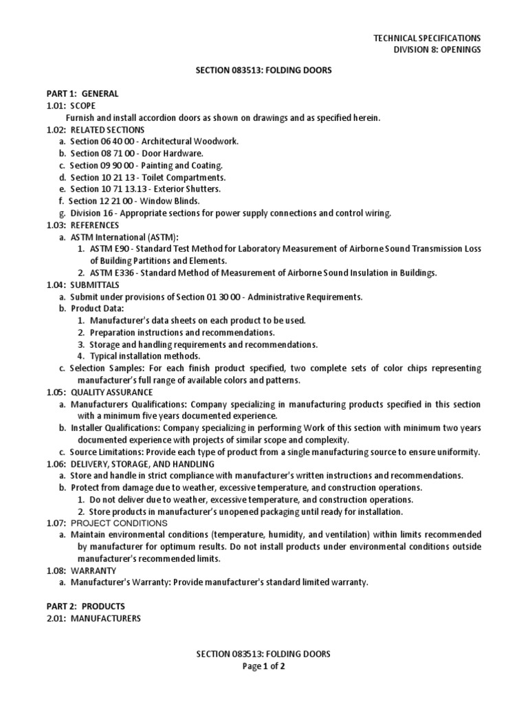Section - 08 35 00 - Folding Doors | PDF | Door | Building Engineering