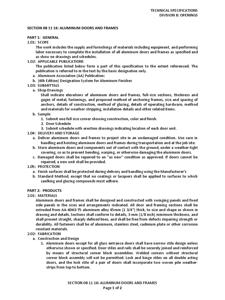 Aluminum Door and Frame Specifications | PDF | Door | Building Engineering