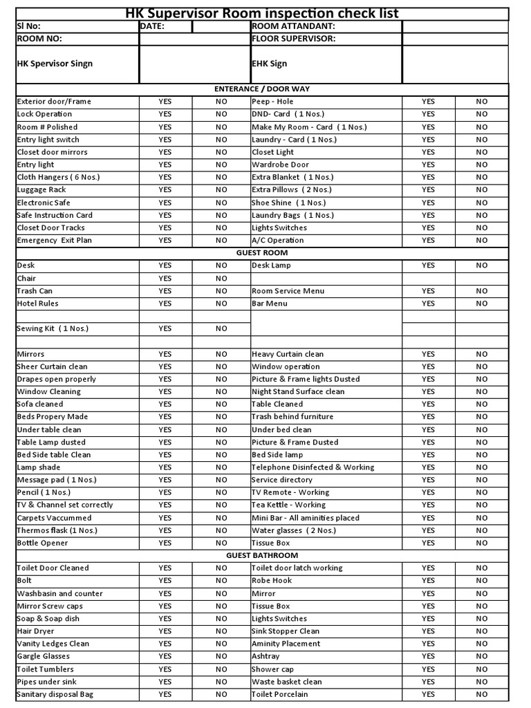 HK Supervisor Room Inspection Checklist | PDF | Bathroom | Shower
