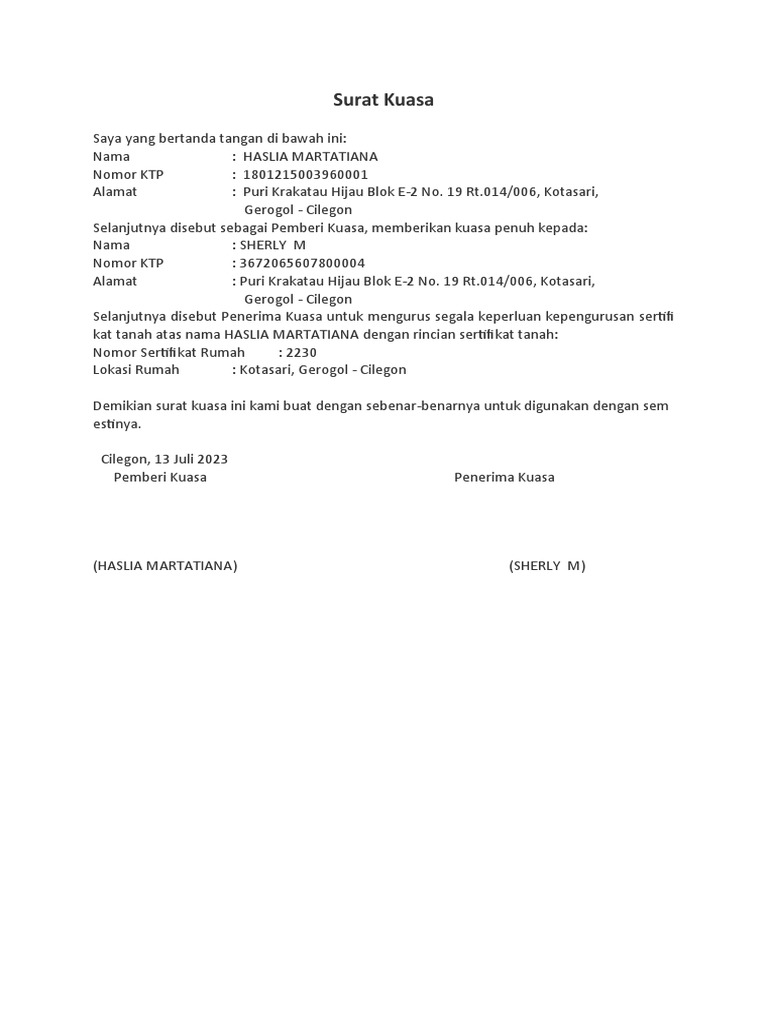 Surat Kuasa Pengambilan Sertifikat Tanah | PDF