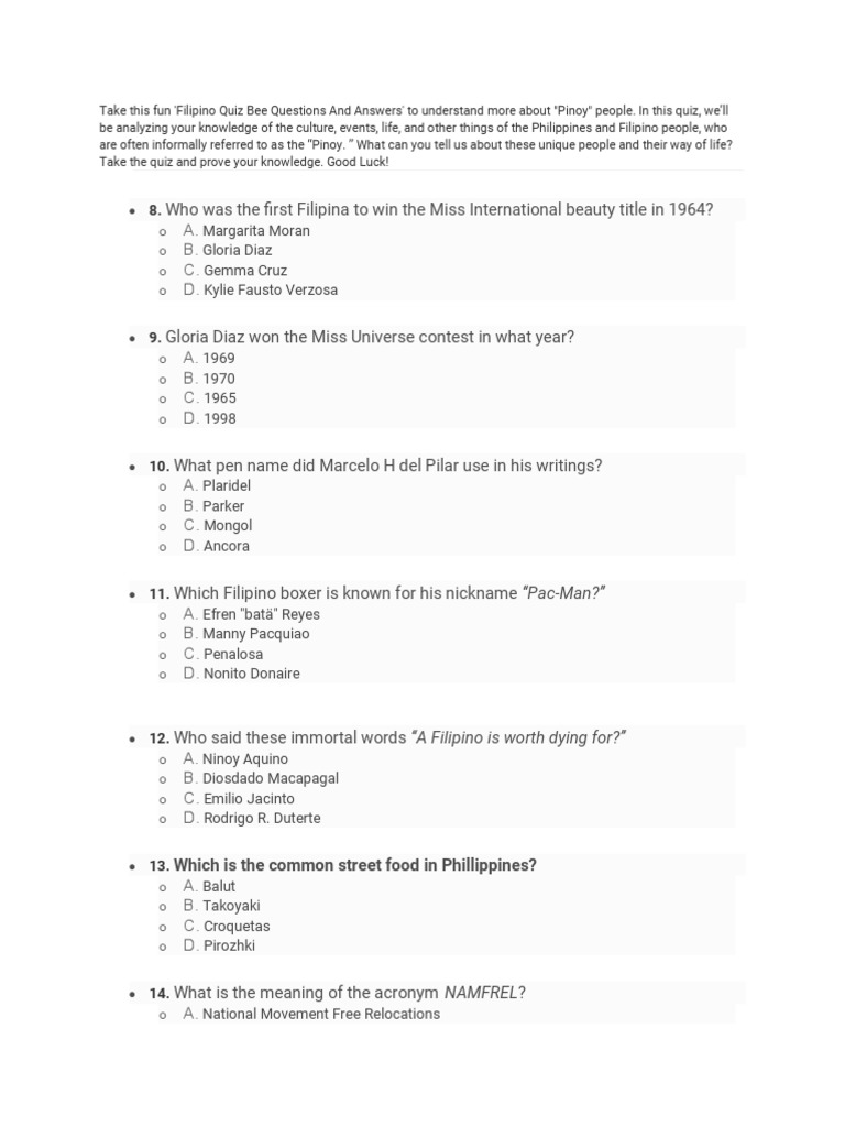 Filipino Quiz Bee Questions and Answers | PDF