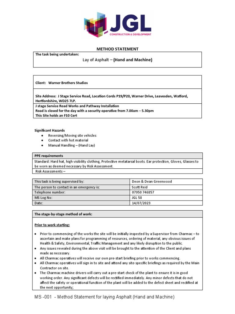 JGL - Method Statement 001 - Asphalt Lay - Hand and Machine | PDF ...