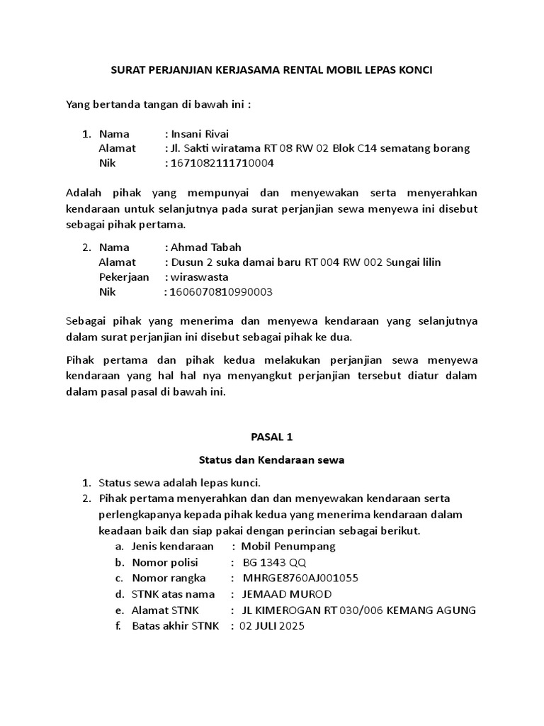 Surat Perjanjian Kerjasama Rental Mobil Lepas Konci | PDF