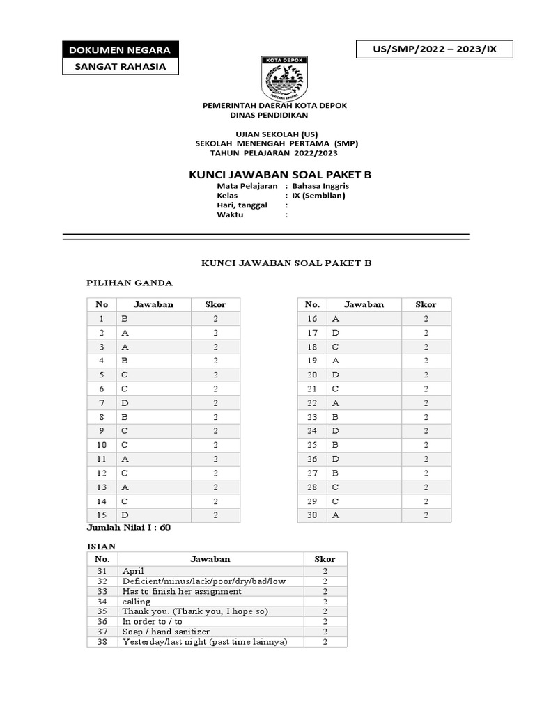 Paket B - Kunci Us - Bahasa Inggris - TH 2022-2023 | PDF