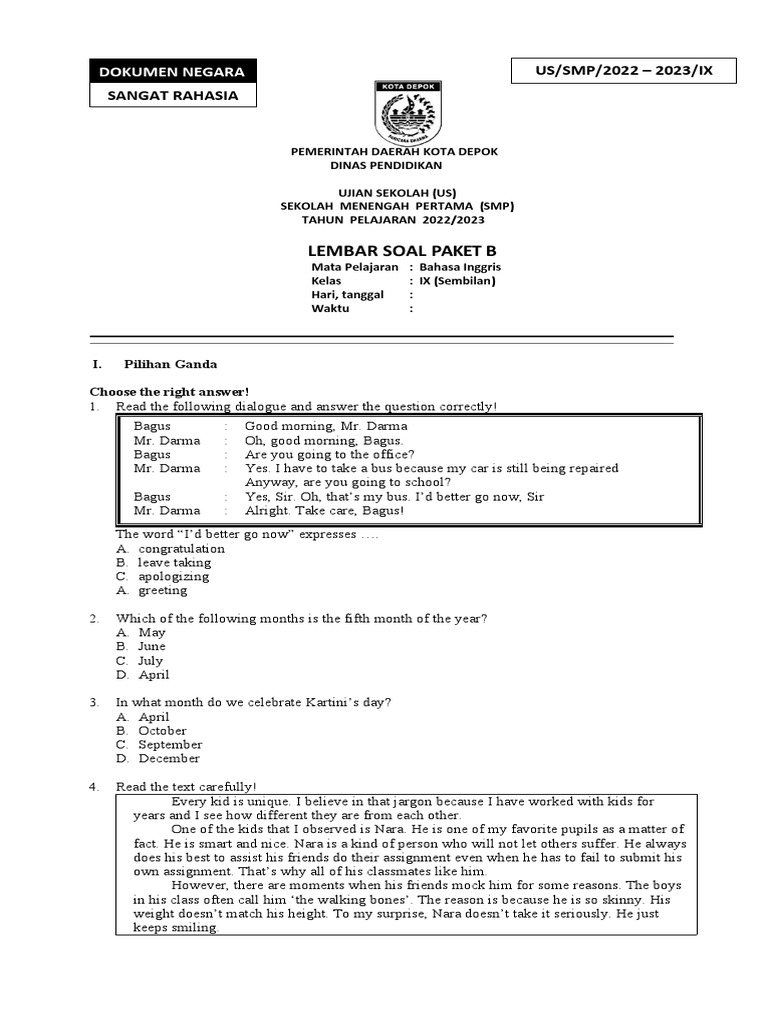 Paket B Soal Us Bahasa Inggris Th 2022 2023 Pdf Bat Cakes