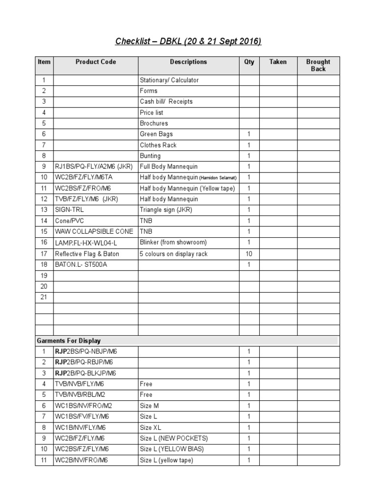 DBKL Event Inventory Checklist | PDF