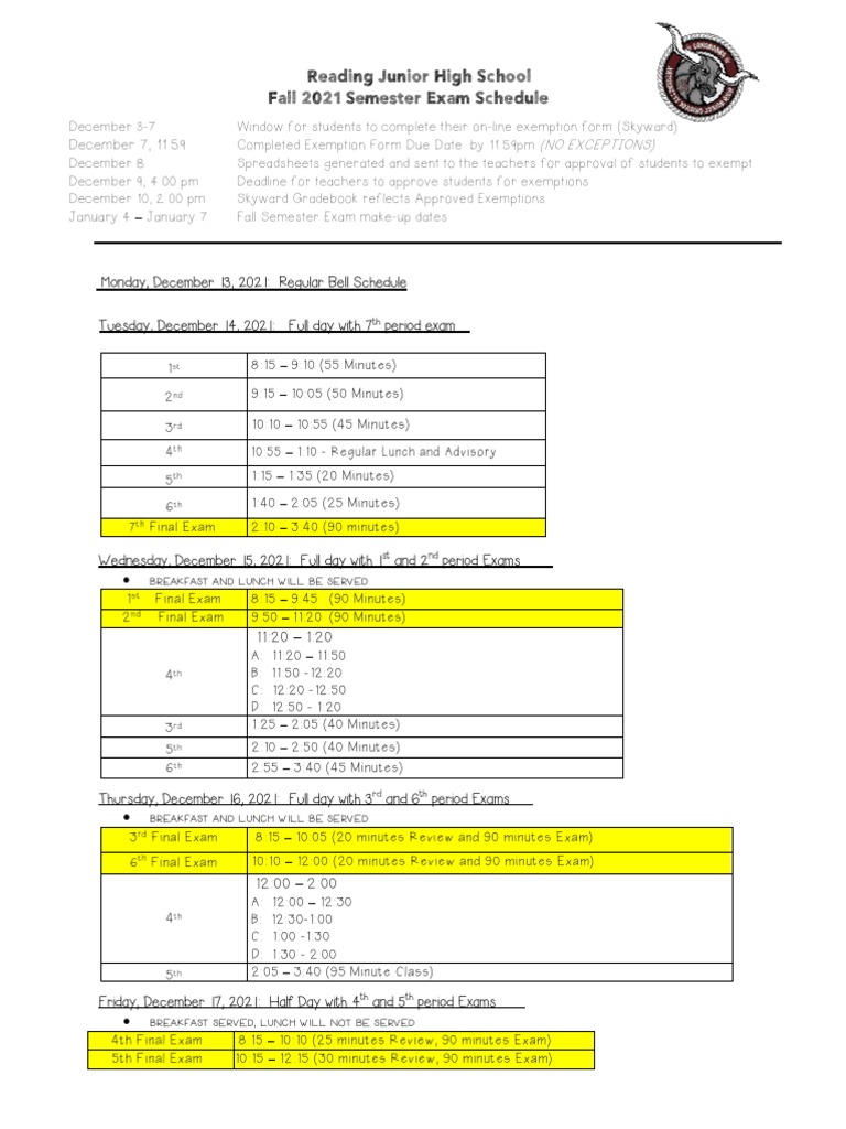 RJH Fall 2021 Final Exam Bell Schedule Download Free PDF Academic Term