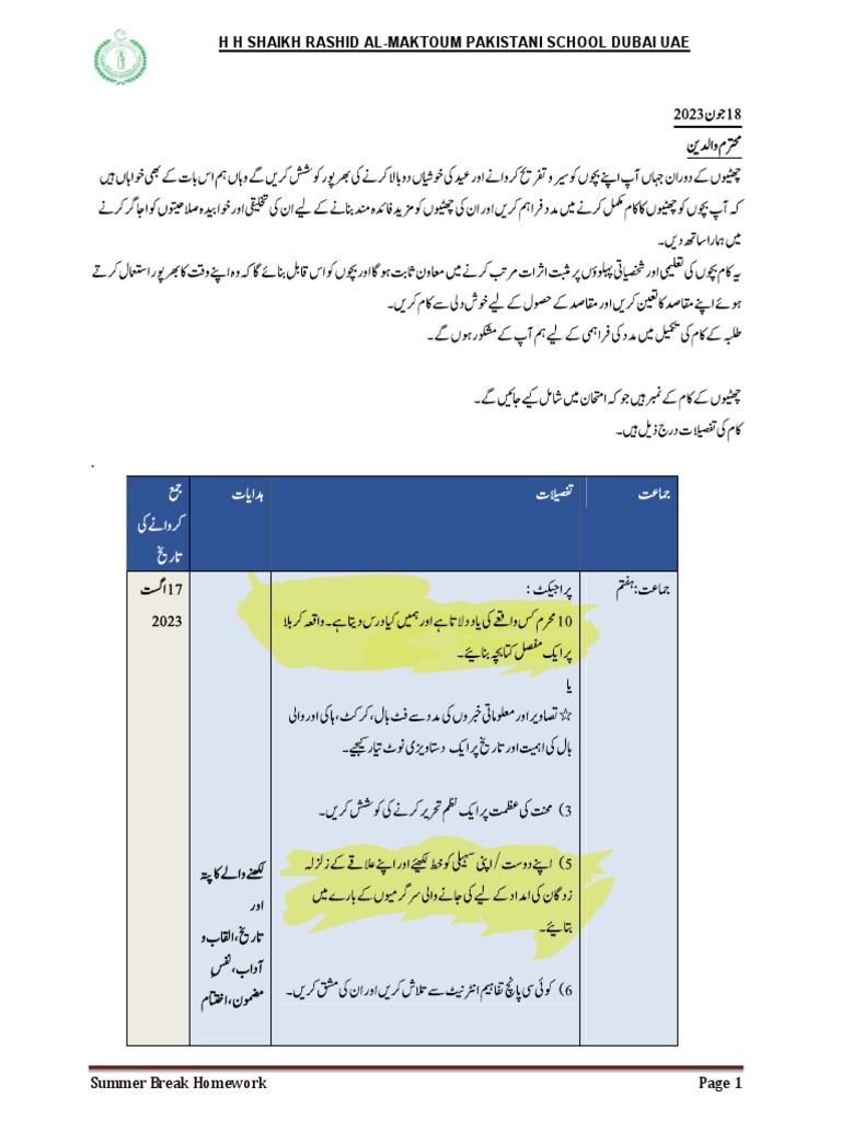7th Urdu Vacation work. (1) PDF