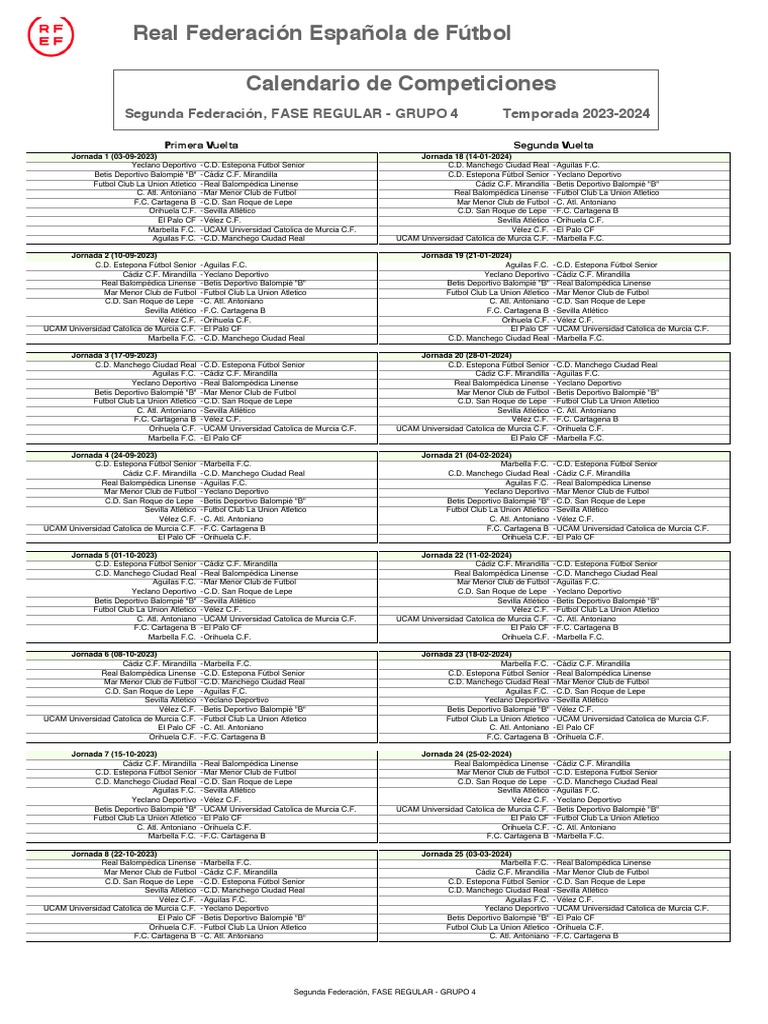 Calendario Segunda RFEF Grupo 4 2023-24 | PDF | Asociación de Futbol ...