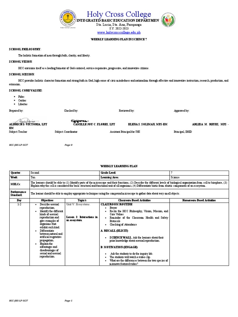 Science 7 Weekly Learning Plan | PDF | Learning | Project Based Learning