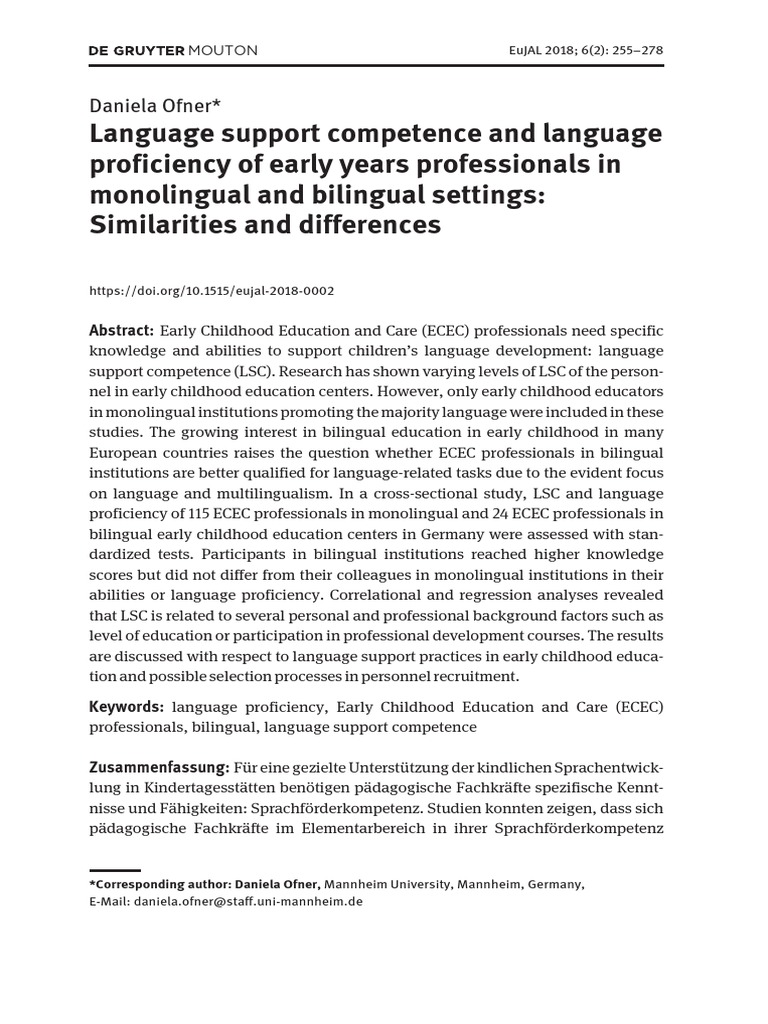 Language Support Competence and Language Proficiency of Early Years