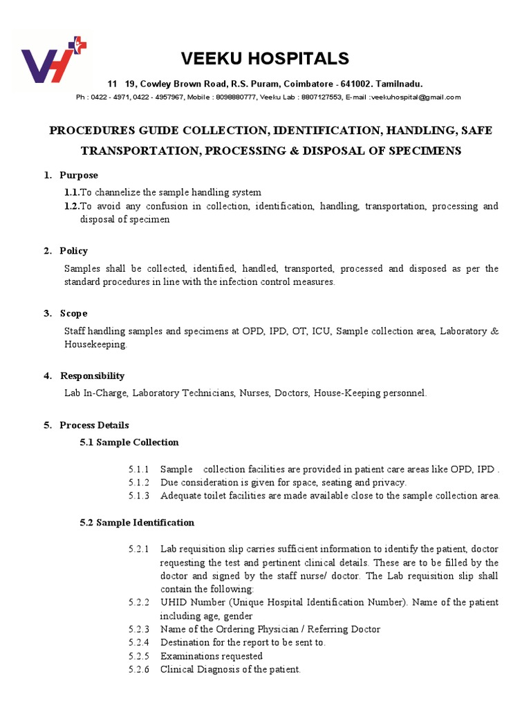 Veeku Hospital Specimen Handling Guide | PDF | Laboratories | Medicine