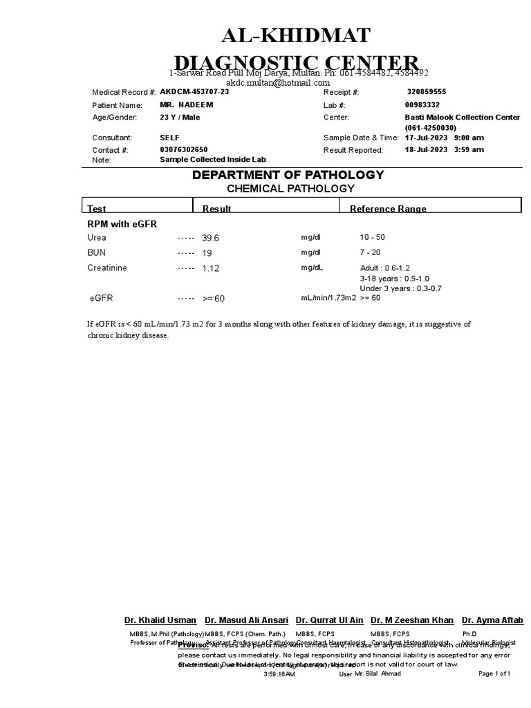 Al-Khidmat Diagnostic Center: Department of Pathology | PDF | Medical ...