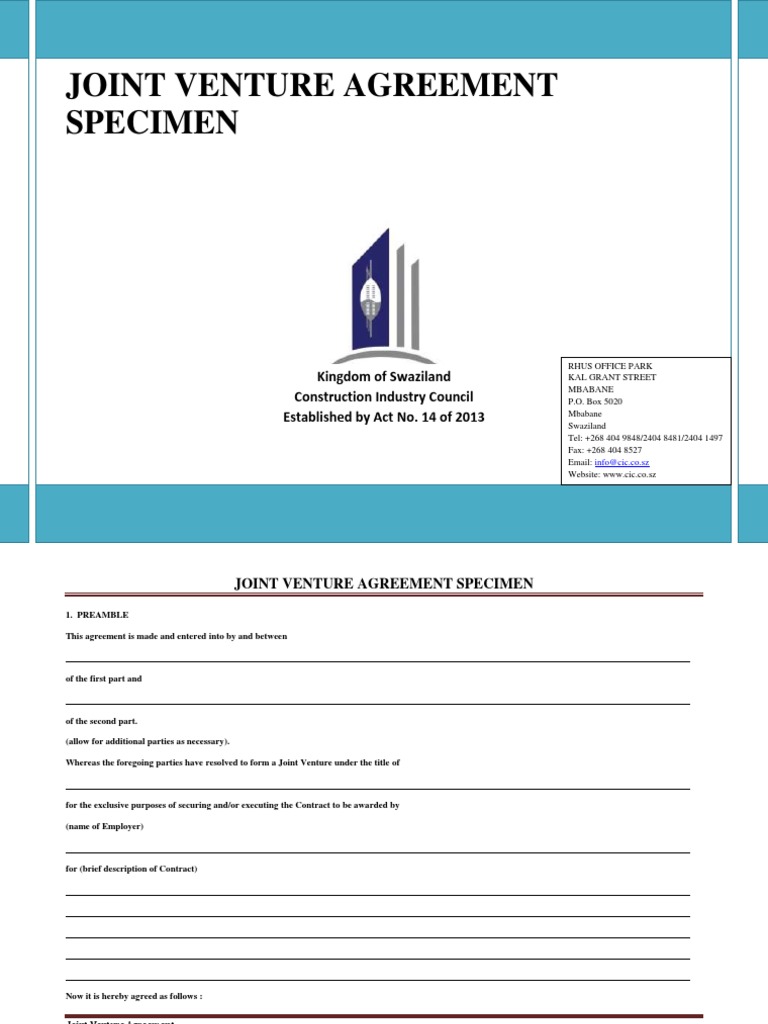 Joint Venture Agreement Specimen Kingdom of Swaziland Construction