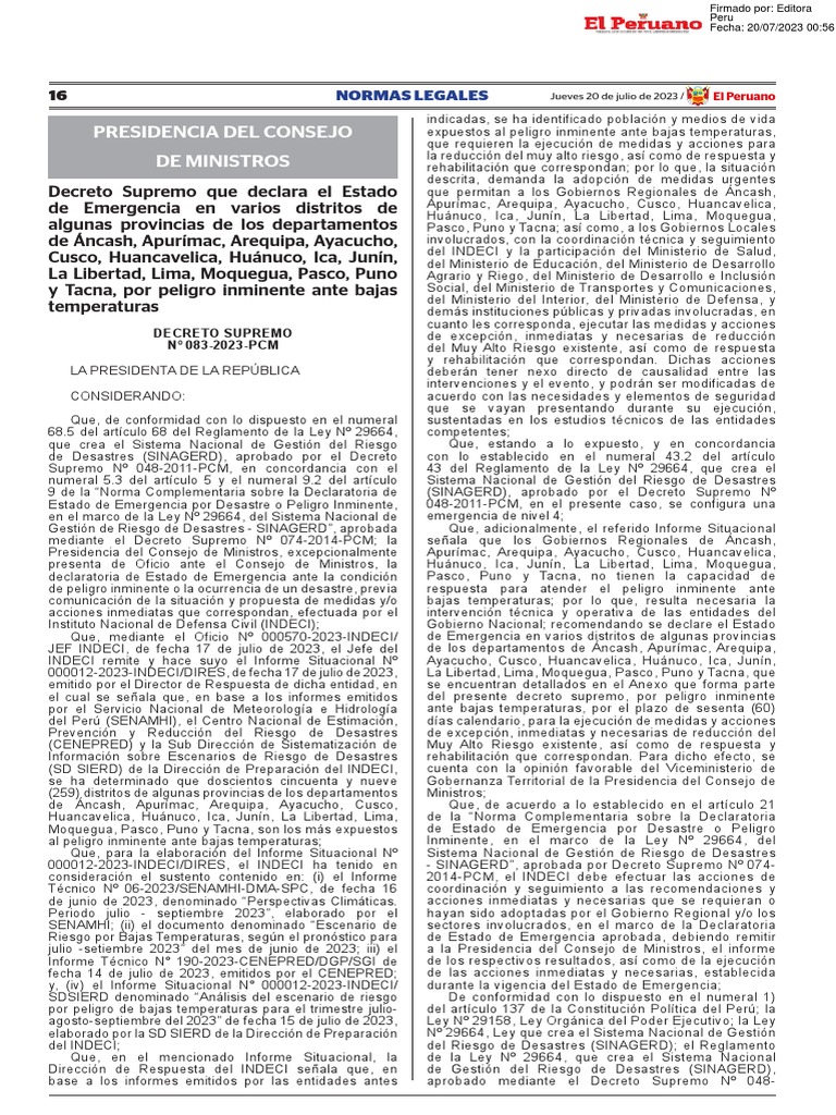 Decreto Supremo Que Declara El Estado De Emergencia Pdf Perú