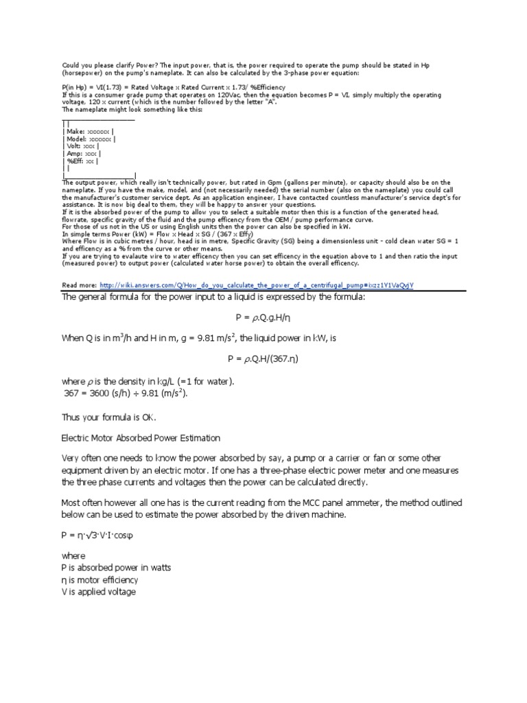 Pump KW Calculation Horsepower Power (Physics)