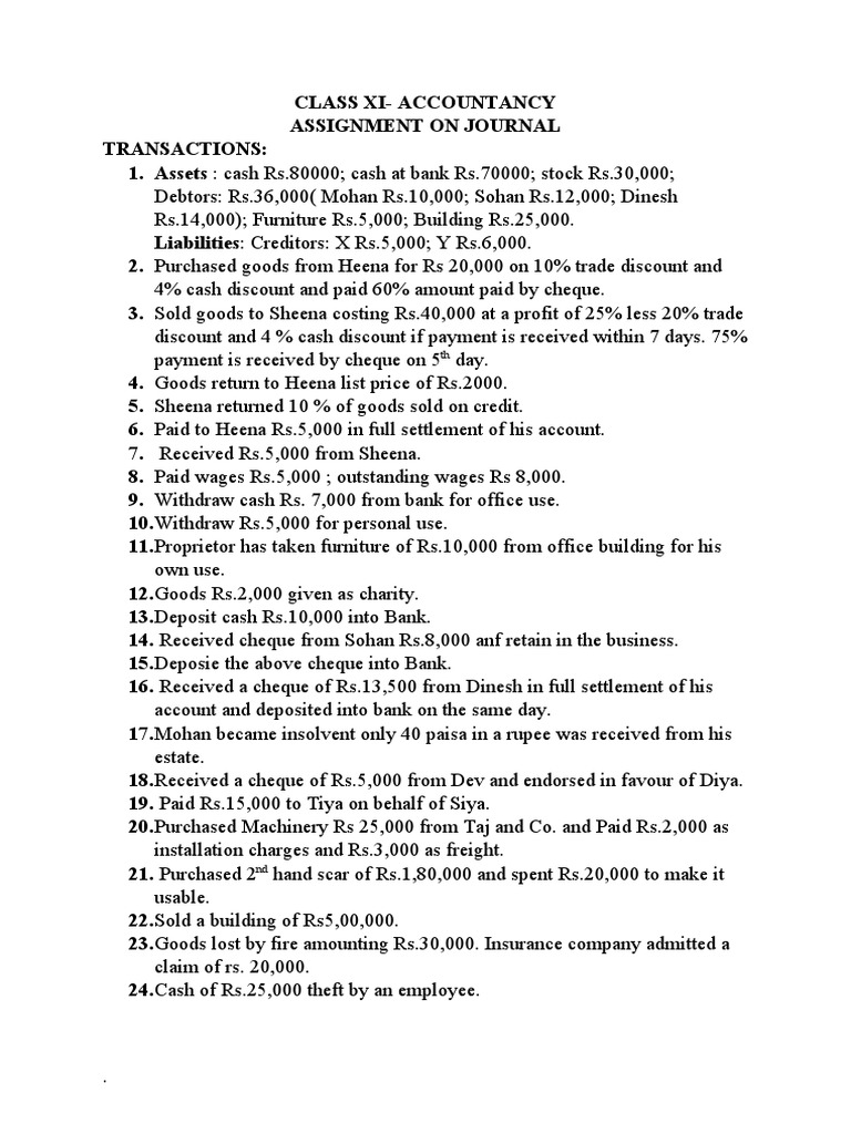 Class 11 Journal Entry Assignment | PDF | Discounting | Cheque
