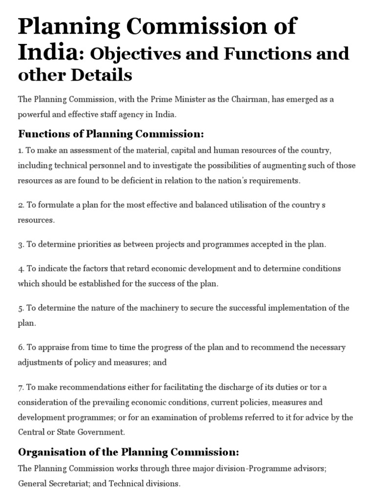 Planning Commission of India Objectives PDF Government Of India