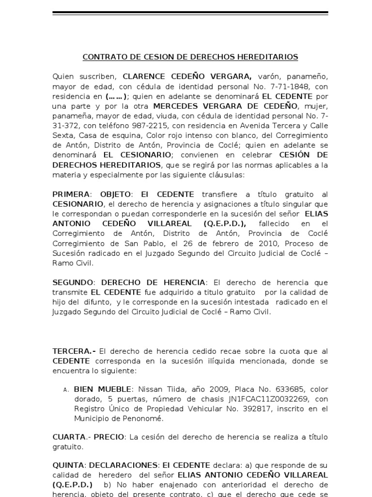 Cesion de Derechos Herditarios-Clarence | PDF | Herencia | Panamá